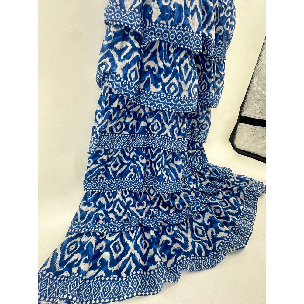 Alice + Olivia Imogene Blue Ikat Tiered Cotton Maxi Dress Size 10 Wedding Guest - Picture 12 of 16